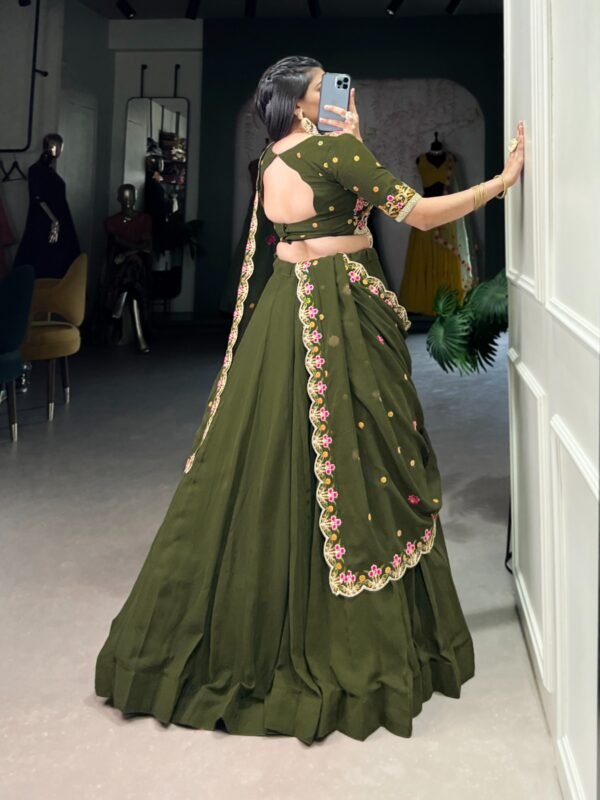 Mehendi Green Georgette Lehenga Choli with Sequins & Thread Embroidery - Image 4