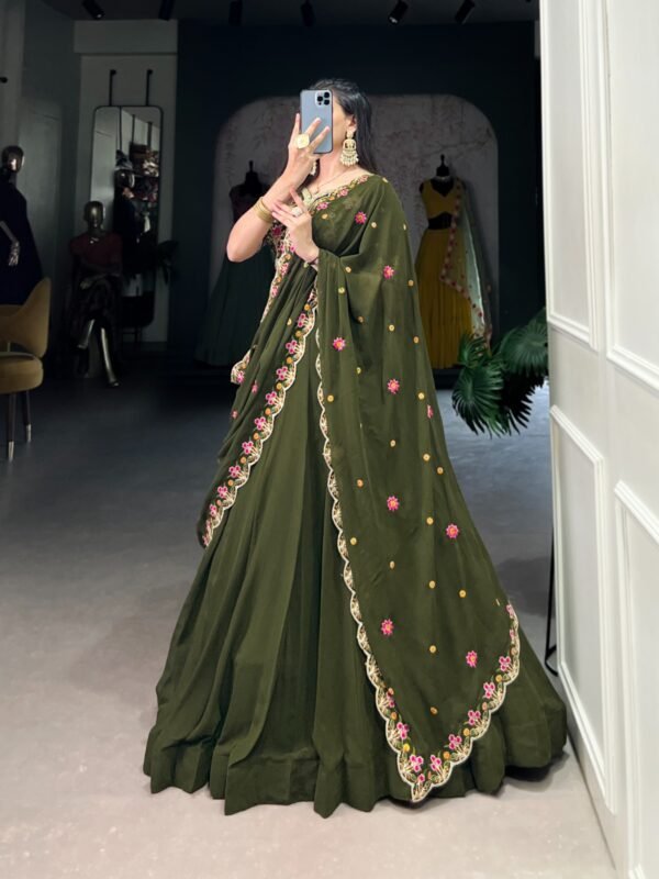 Mehendi Green Georgette Lehenga Choli with Sequins & Thread Embroidery - Image 5
