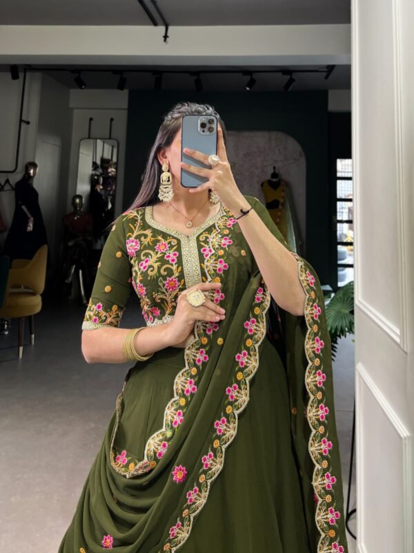 Mehendi Green Georgette Lehenga Choli with Sequins & Thread Embroidery - Image 6