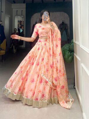 Tabby Silk Lehenga Choli with Floral Print & Lace Touch Up