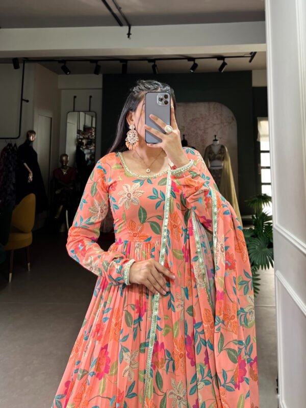 Peach colour Floral Printed Georgette Gown with Dupatta - Image 2