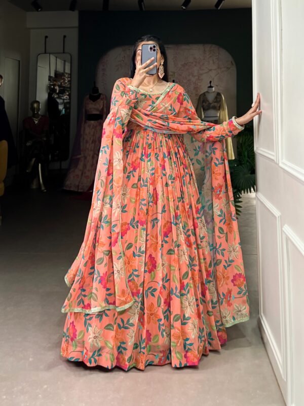Peach colour Floral Printed Georgette Gown with Dupatta - Image 3