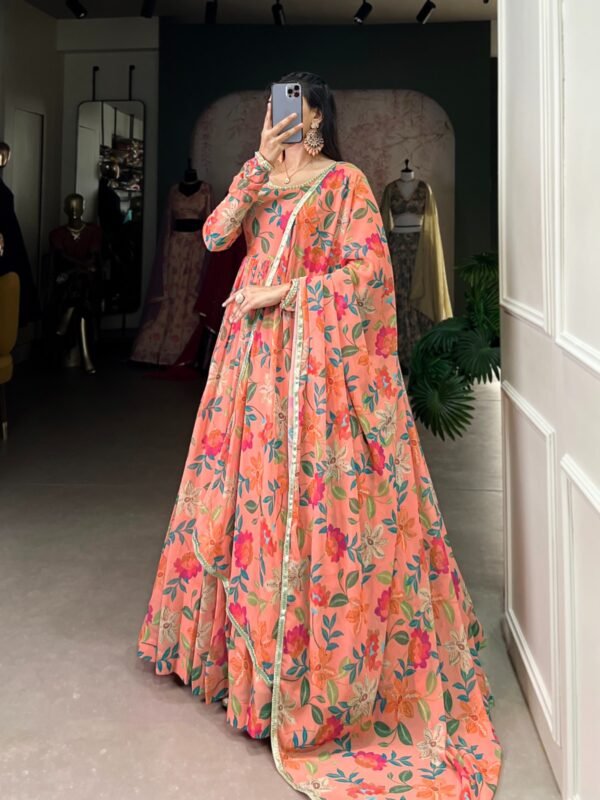 Peach colour Floral Printed Georgette Gown with Dupatta - Image 4