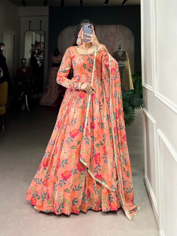 Peach colour Floral Printed Georgette Gown with Dupatta - Image 5