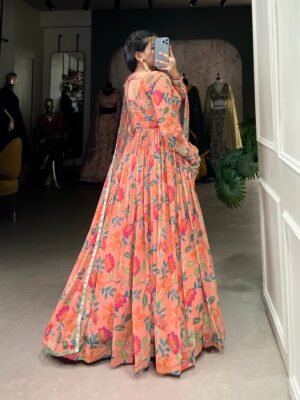 Peach colour Floral Printed Georgette Gown with Dupatta