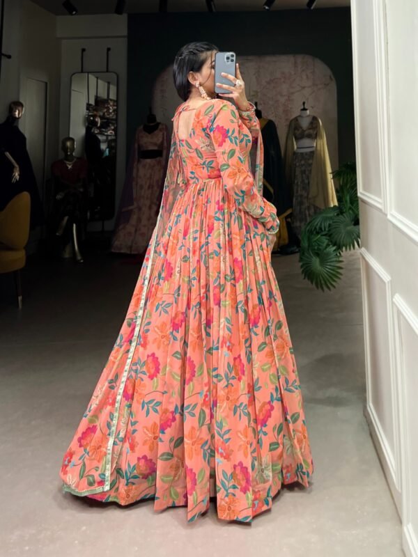 Peach colour Floral Printed Georgette Gown with Dupatta