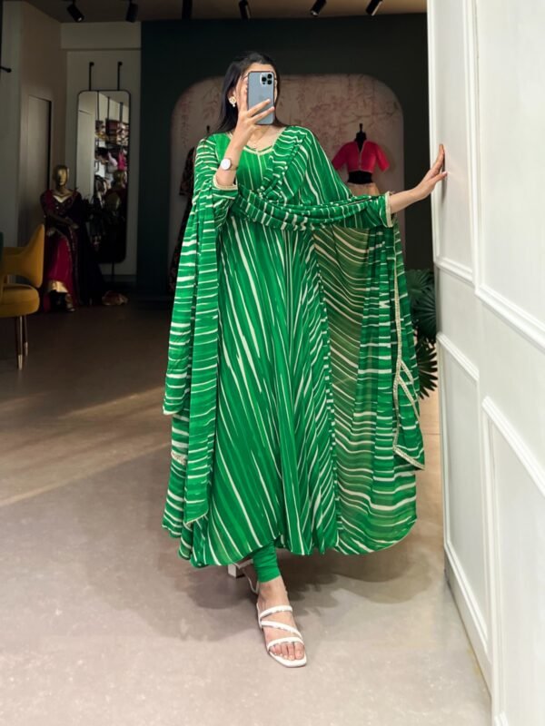 Leheriya Georgette Gown with Lace Touch Up and Dupatta - Image 4