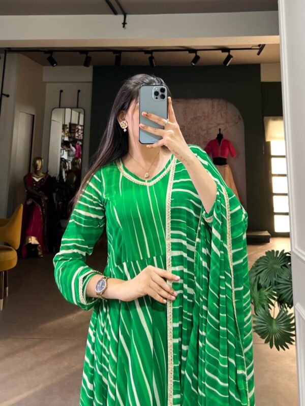 Leheriya Georgette Gown with Lace Touch Up and Dupatta - Image 5