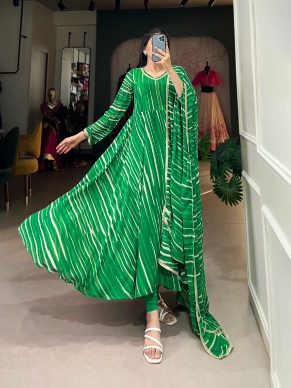 Leheriya Georgette Gown with Lace Touch Up and Dupatta - Image 3