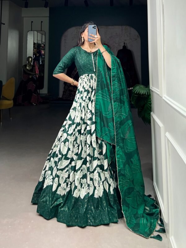 Sublime Green Color Full Flair Gown with Tassels and Cotton Lining - Image 2