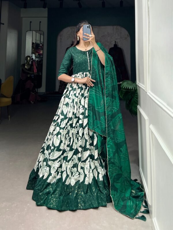 Sublime Green Color Full Flair Gown with Tassels and Cotton Lining - Image 3