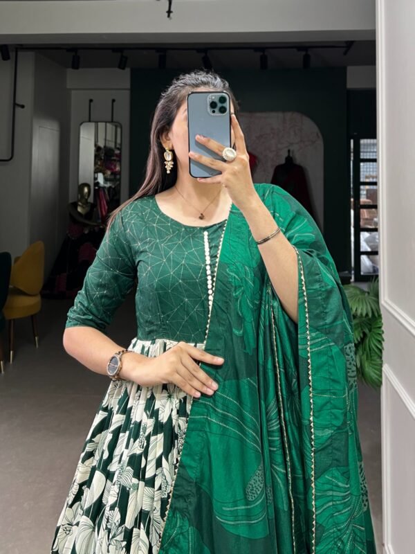 Sublime Green Color Full Flair Gown with Tassels and Cotton Lining - Image 4