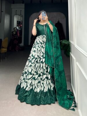 Sublime Green Color Full Flair Gown with Tassels and Cotton Lining