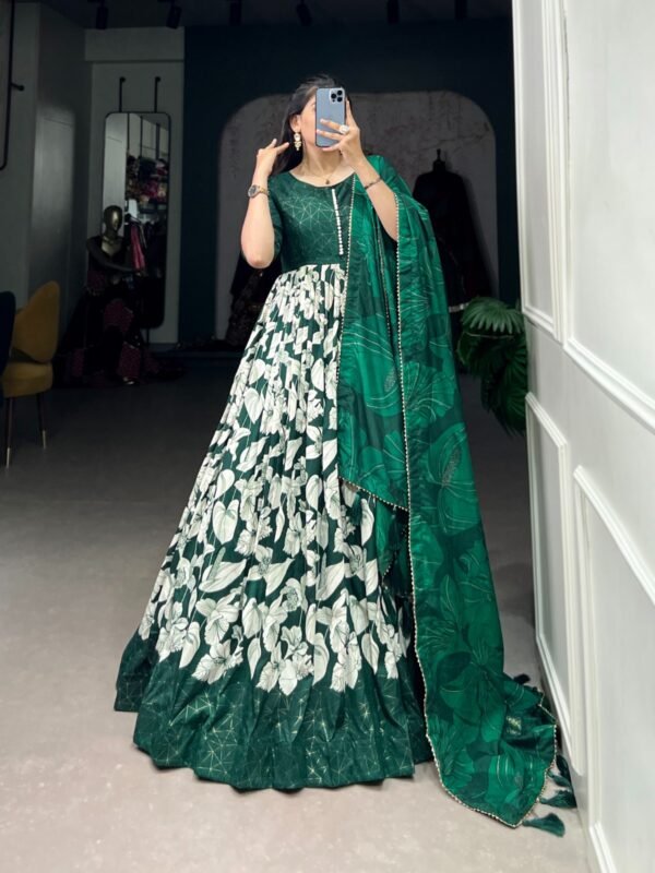 Sublime Green Color Full Flair Gown with Tassels and Cotton Lining
