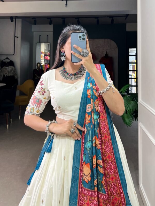 Khadi Cotton Lehenga Choli with Sequins & Thread Embroidery - Image 4