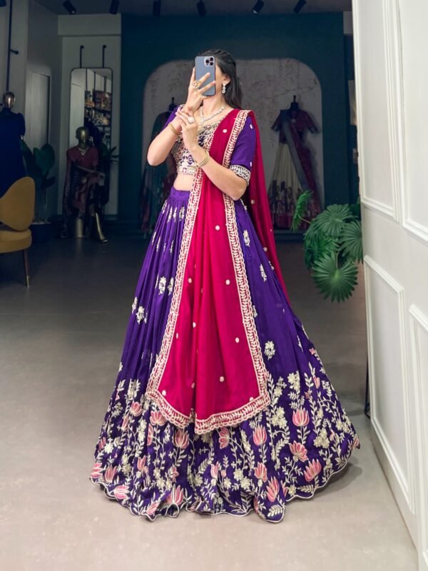 Purple Vichitra Silk Lehenga Choli with Sequins & Thread Embroidery For Women - Image 3