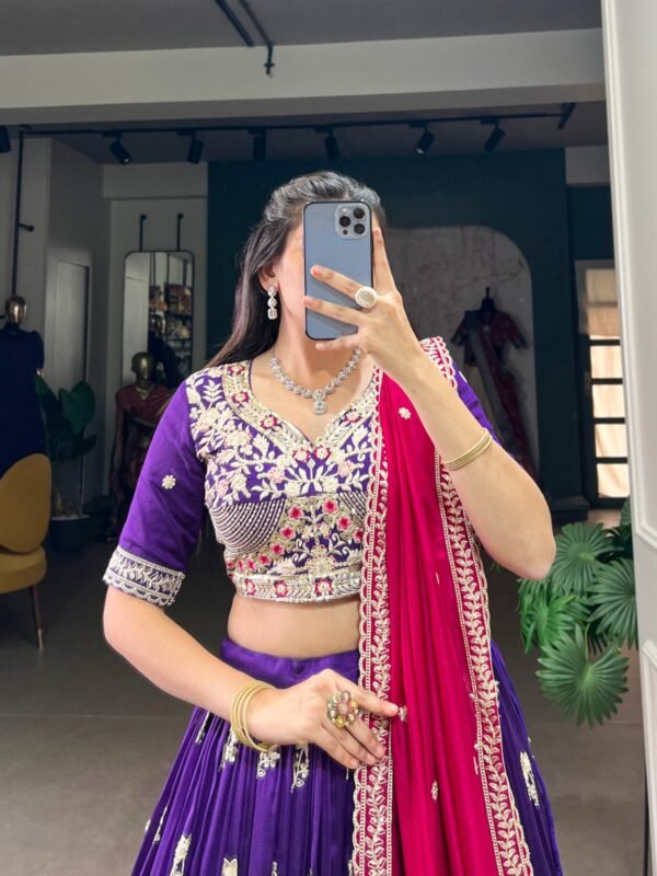 Purple Vichitra Silk Lehenga Choli with Sequins & Thread Embroidery For Women - Image 4