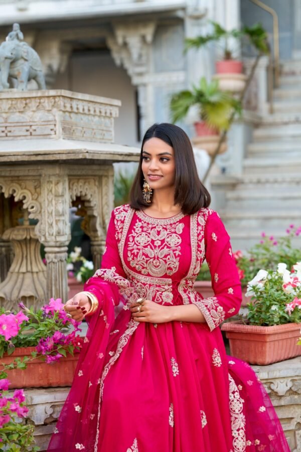 Pink color Elegant Gown with Lace Touch and Net Dupatta - Image 2