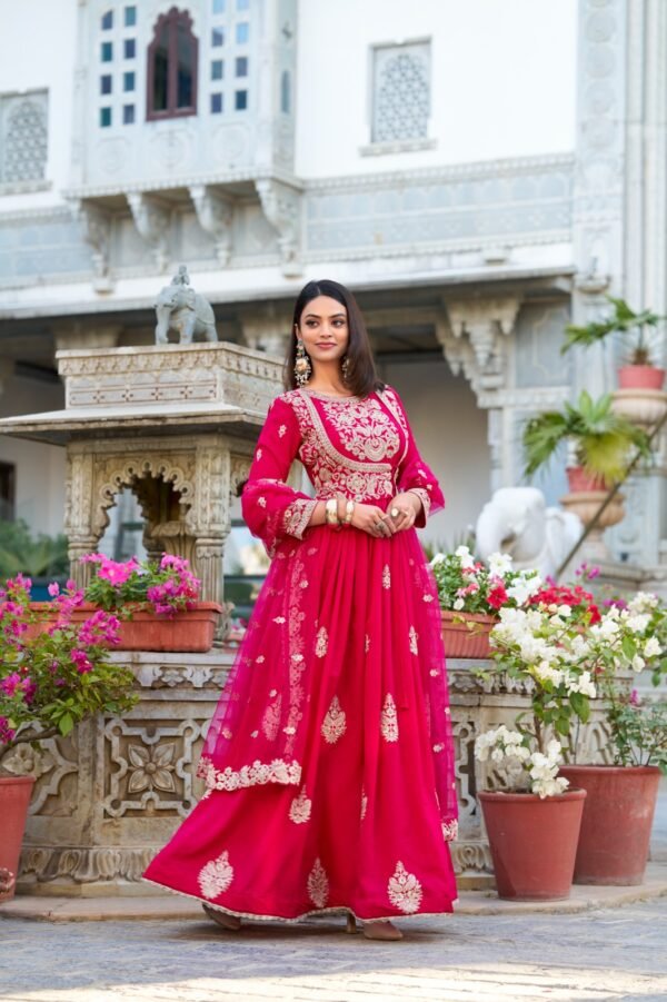 Pink color Elegant Gown with Lace Touch and Net Dupatta - Image 3