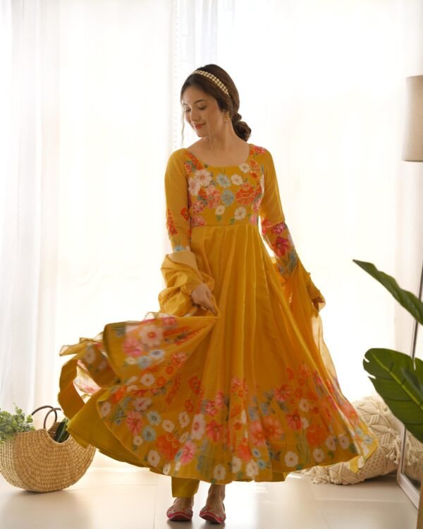 Pure Soft Organza Silk Floral Anarkali Suit Set with Dupatta and Pant - Image 40