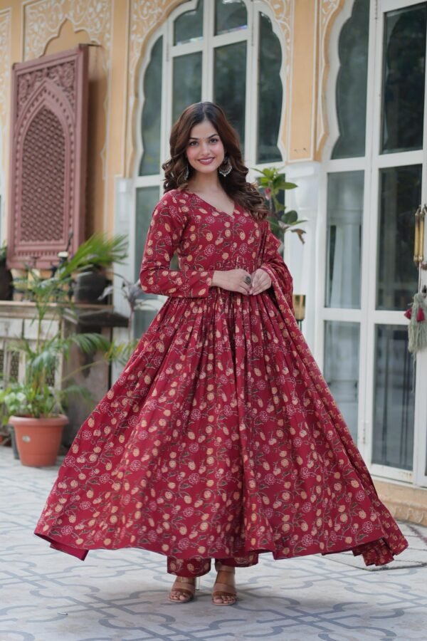 Premium Pure Cotton Gown with Pant and Dupatta Set - Image 2
