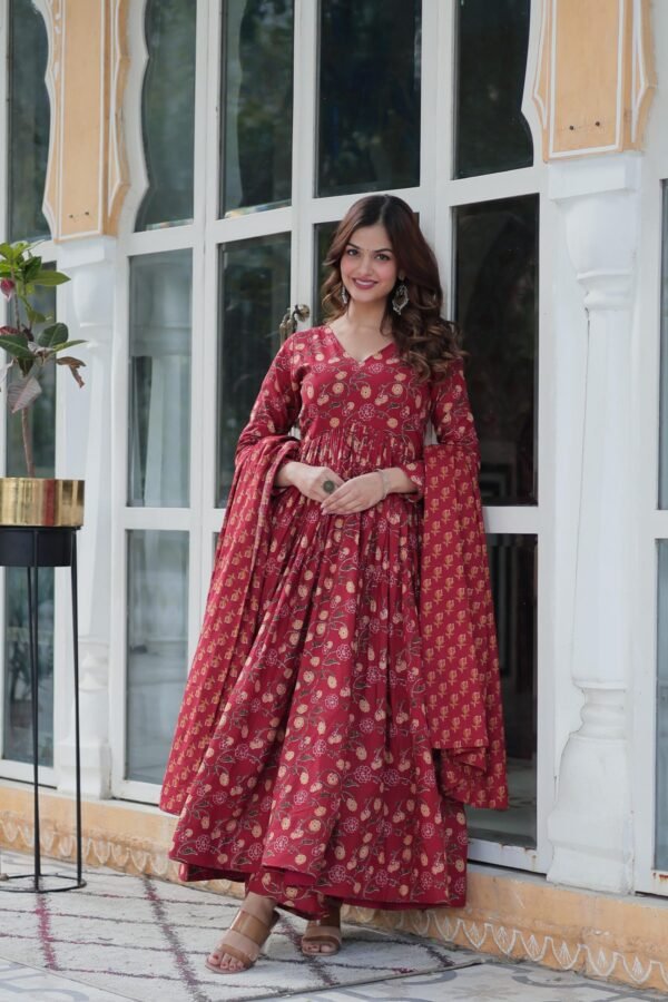 Premium Pure Cotton Gown with Pant and Dupatta Set - Image 3