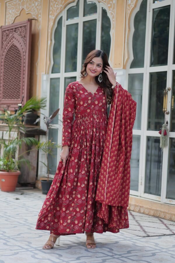 Premium Pure Cotton Gown with Pant and Dupatta Set - Image 4