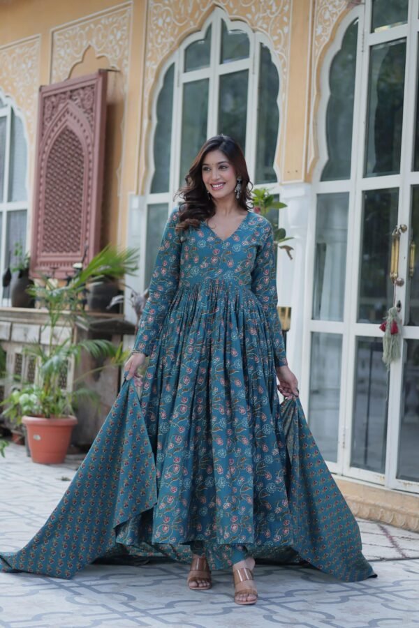 Premium Pure Cotton Gown with Pant and Dupatta Set - Image 6