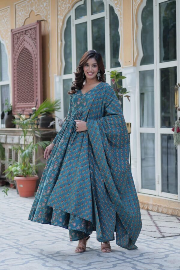 Premium Pure Cotton Gown with Pant and Dupatta Set - Image 10