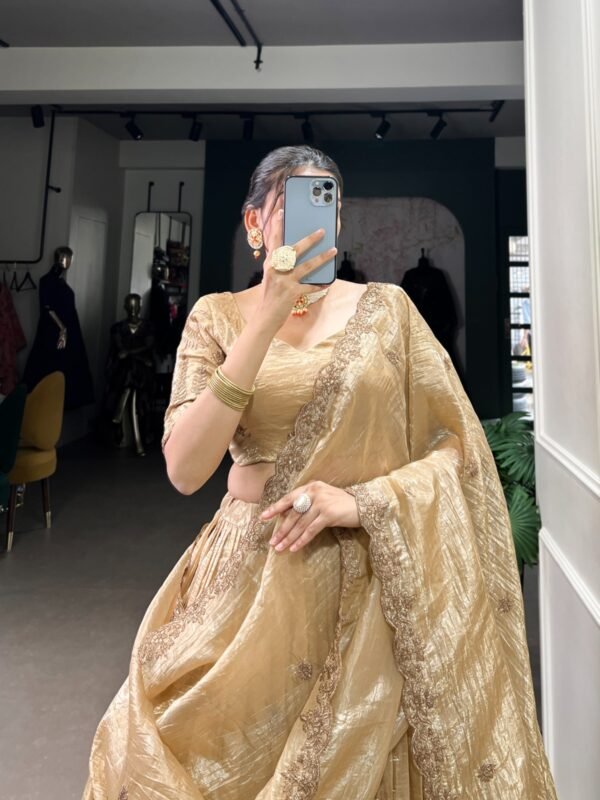 Gold Crush Wedding Lehenga Choli with Sequins & Thread Embroidery - Image 4