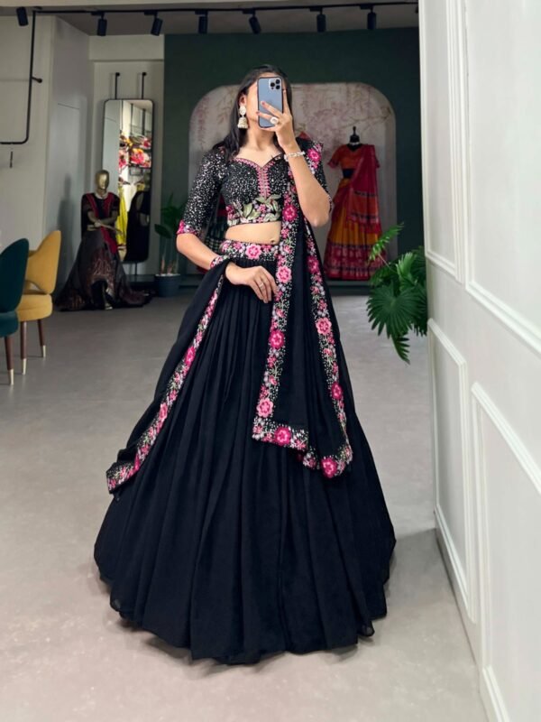 Black Georgette Lehenga Choli with Sequins & Embroidery - Image 3