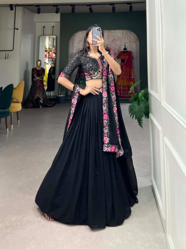 Black Georgette Lehenga Choli with Sequins & Embroidery - Image 6