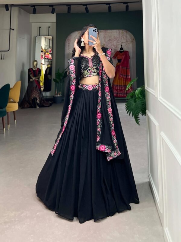 Black Georgette Lehenga Choli with Sequins & Embroidery