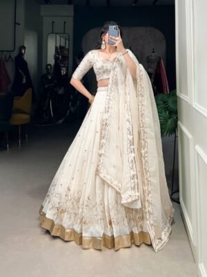 Off-White Glam Silver Lehenga Choli with Sequins & Embroidery