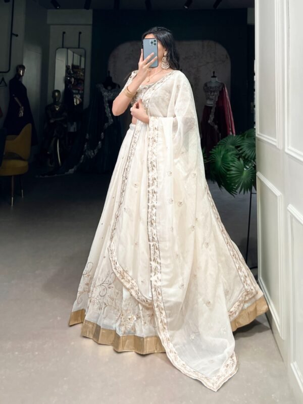 Off-White Glam Silver Lehenga Choli with Sequins & Embroidery - Image 3