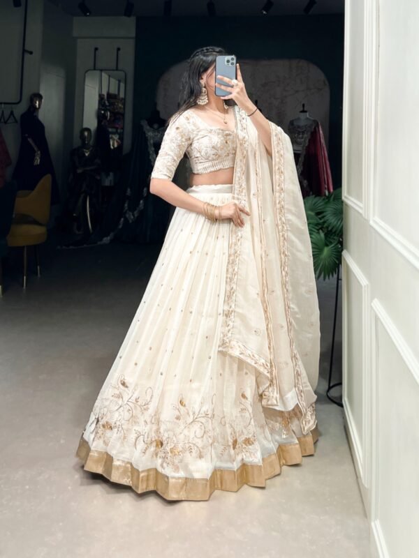 Off-White Glam Silver Lehenga Choli with Sequins & Embroidery - Image 4
