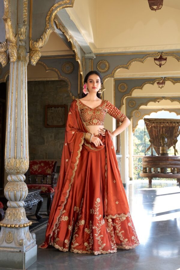 Orange color Rangoli Silk Lehenga with Sequins & Thread Embroidery - Image 2