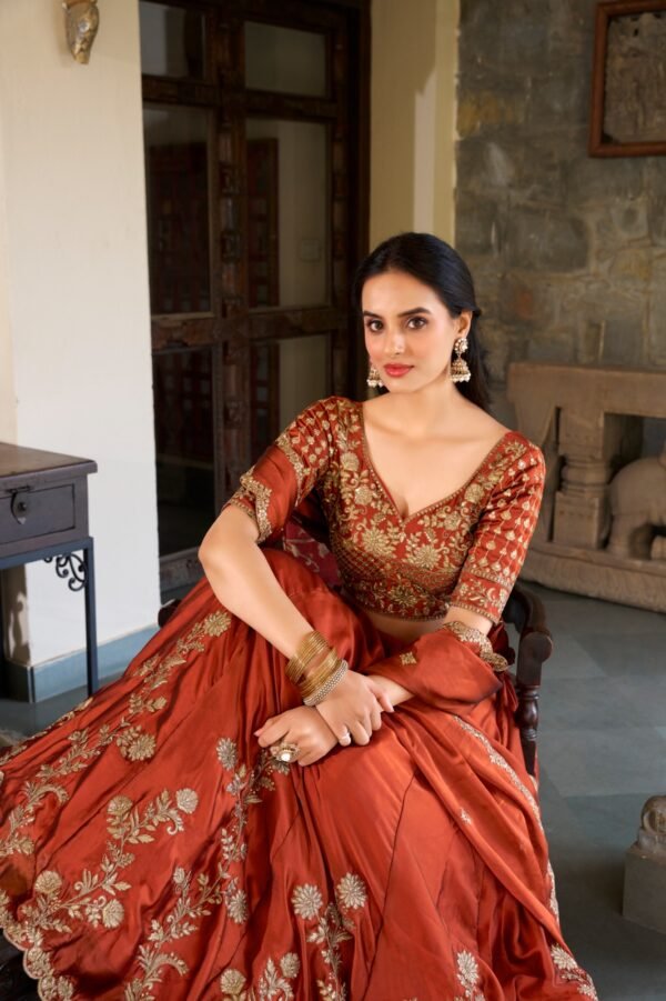 Orange color Rangoli Silk Lehenga with Sequins & Thread Embroidery - Image 3