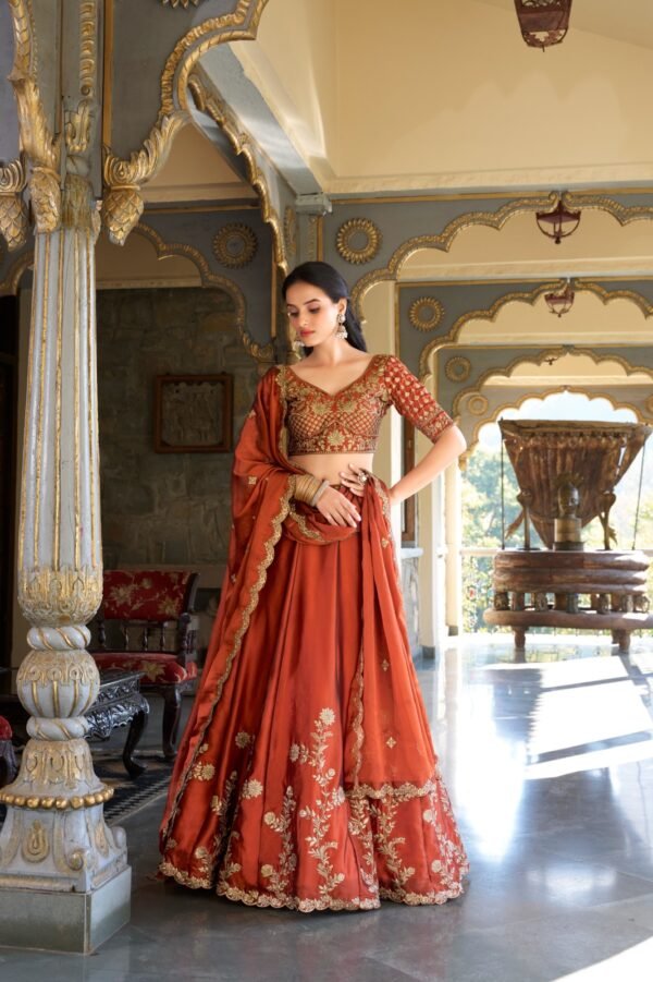Orange color Rangoli Silk Lehenga with Sequins & Thread Embroidery - Image 4