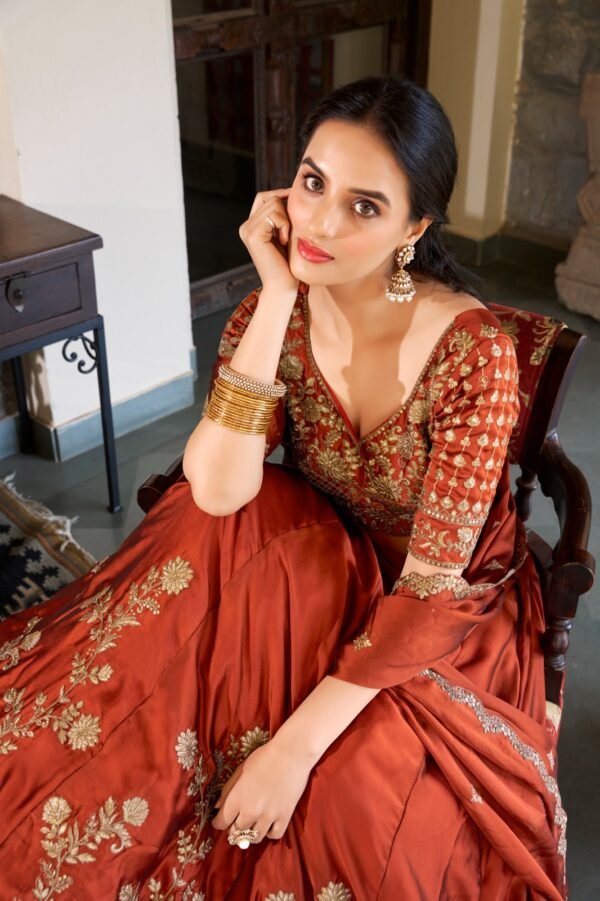Orange color Rangoli Silk Lehenga with Sequins & Thread Embroidery - Image 5