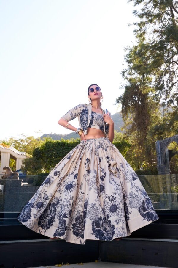 Tussar Silk Wedding Lehenga Set with Floral Print & Koti - Image 2