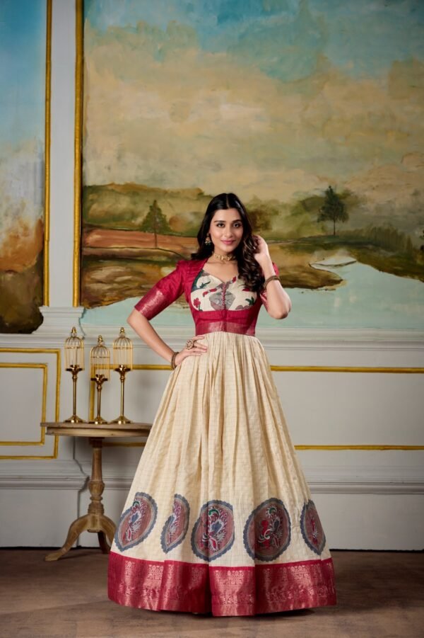 Dola Silk Kalamkari Gown with Zari Weaving Border and Matching Koti - Image 4