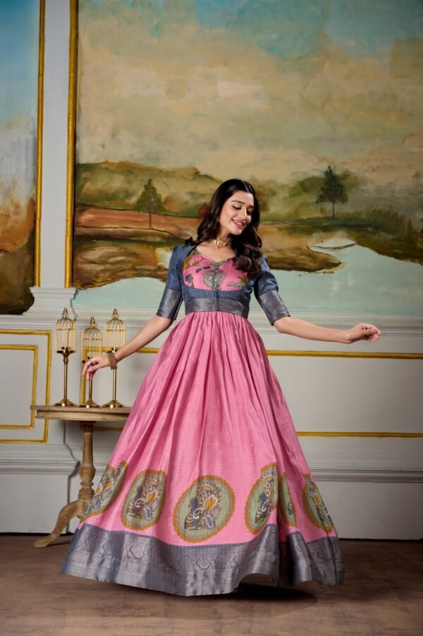 Dola Silk Kalamkari Gown with Zari Weaving Border and Matching Koti - Image 2