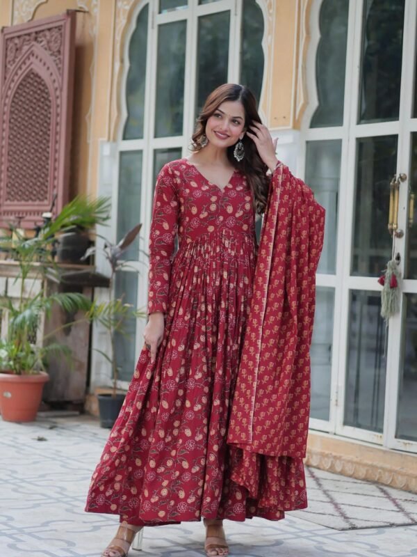 Premium Pure Cotton Gown with Pant and Dupatta Set