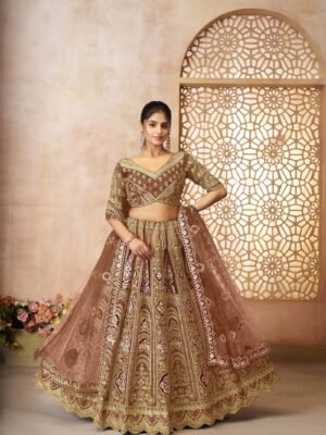 Regal Coffee Banarasi Silk Wedding Lehenga with Aari Work & Floral Motifs – Bridal Wear Set