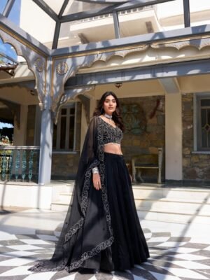 Elegant Black Star Satin Lehenga Set with Pearl & Sequins Work