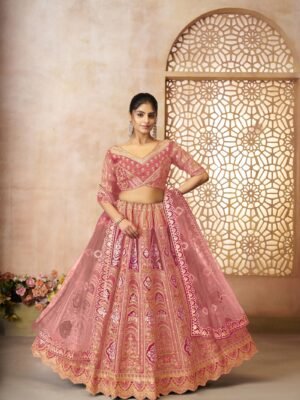 Elegant Pink Banarasi Silk Lehenga with Aari Work & Floral Motifs – Wedding & Bridal Wear