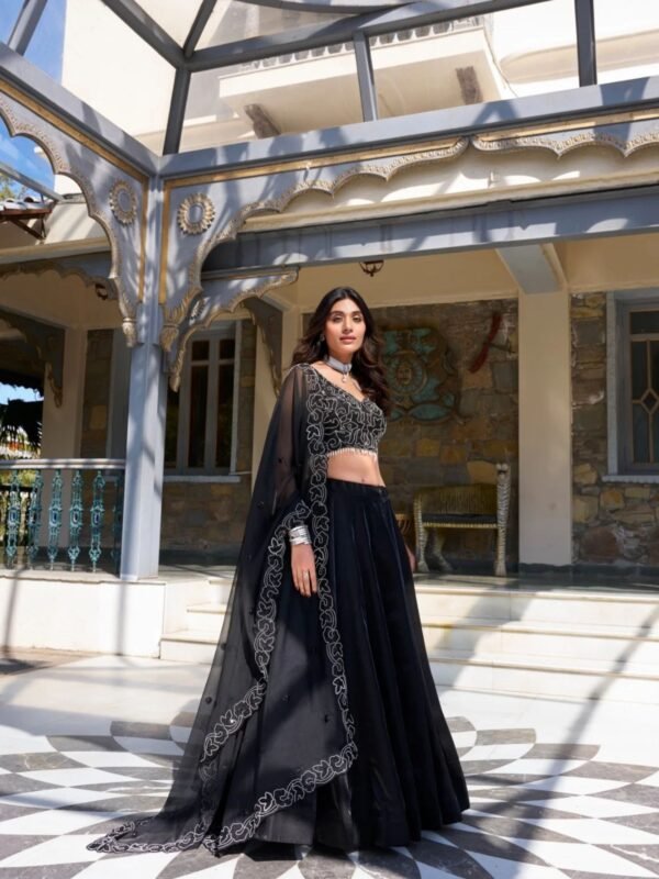 Elegant Black Star Satin Lehenga Set with Pearl & Sequins Work
