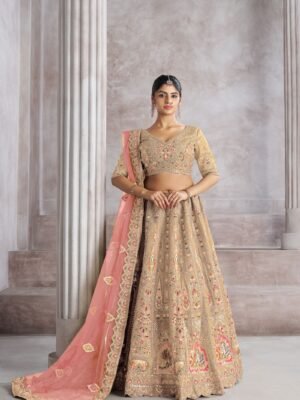 Champagne Color Banarasi Silk Lehenga with Aari & Sequin Work – Bird Motifs & Mocha Blouse for Weddings