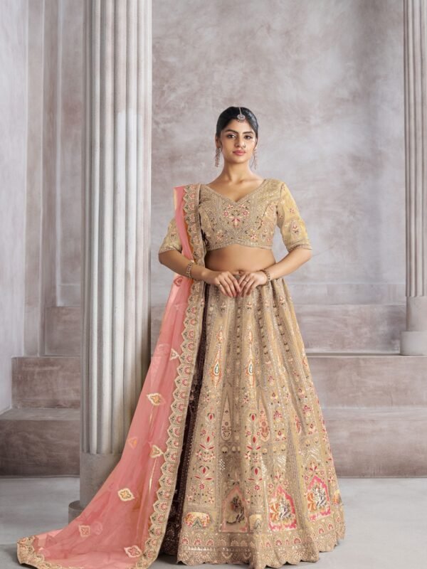 Champagne Color Banarasi Silk Lehenga with Aari & Sequin Work – Bird Motifs & Mocha Blouse for Weddings